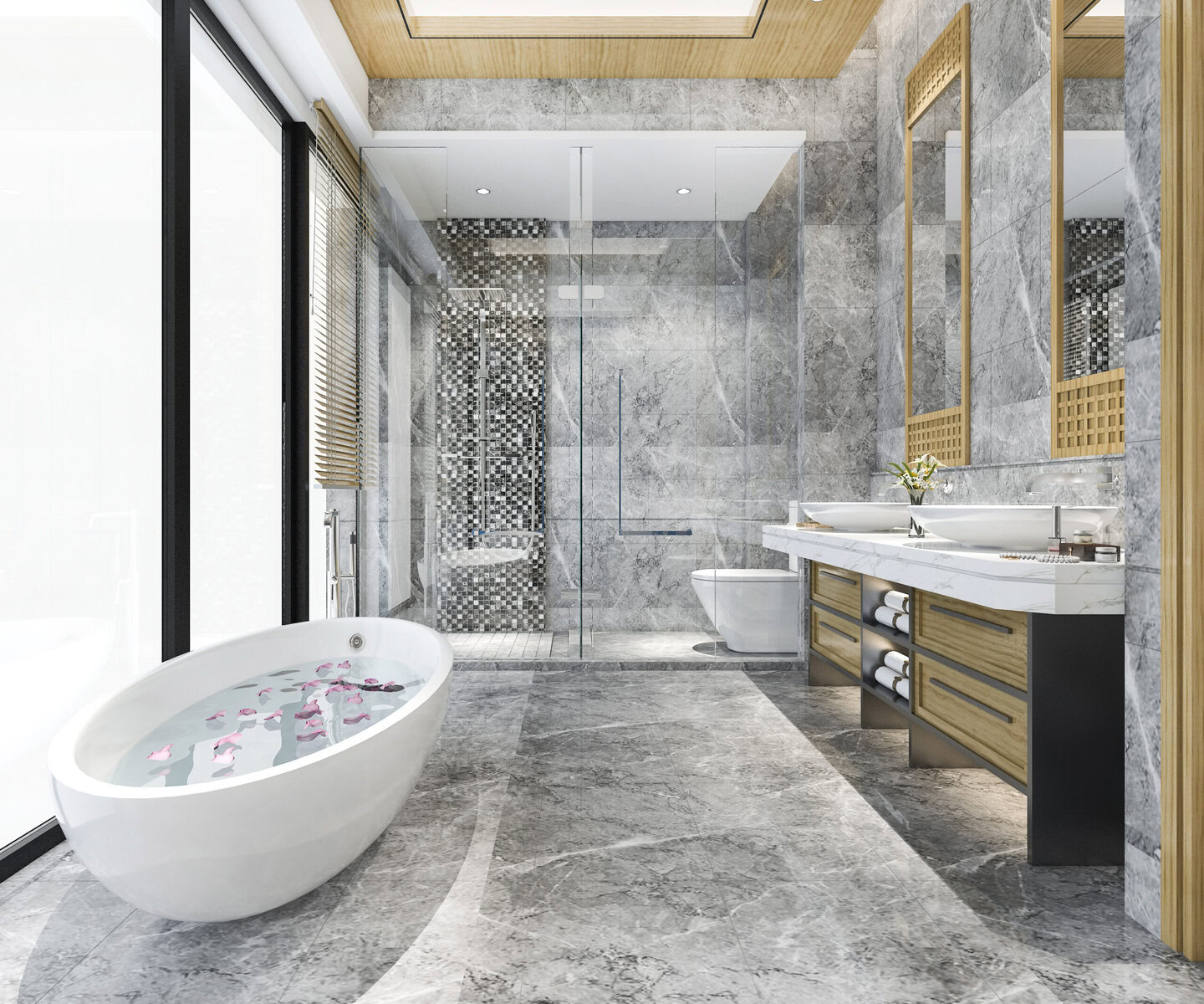 Modern bathroom with a white oval tub, glass shower, and double vanity.