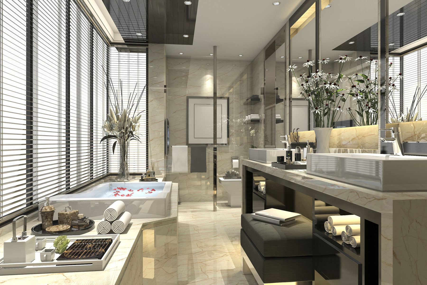 Modern bathroom with large bathtub, double vanity, and marble finishes.