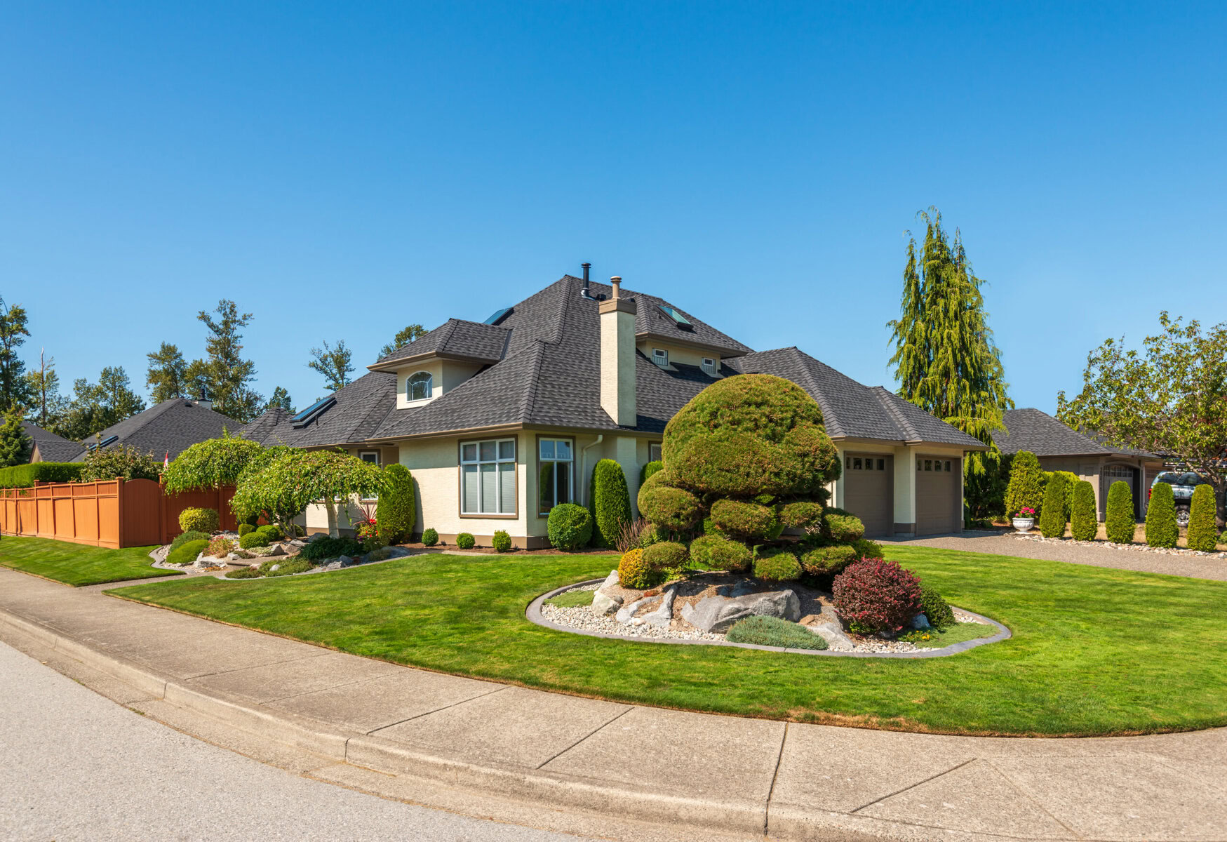 Large house with manicured lawn and garden under a clear blue sky