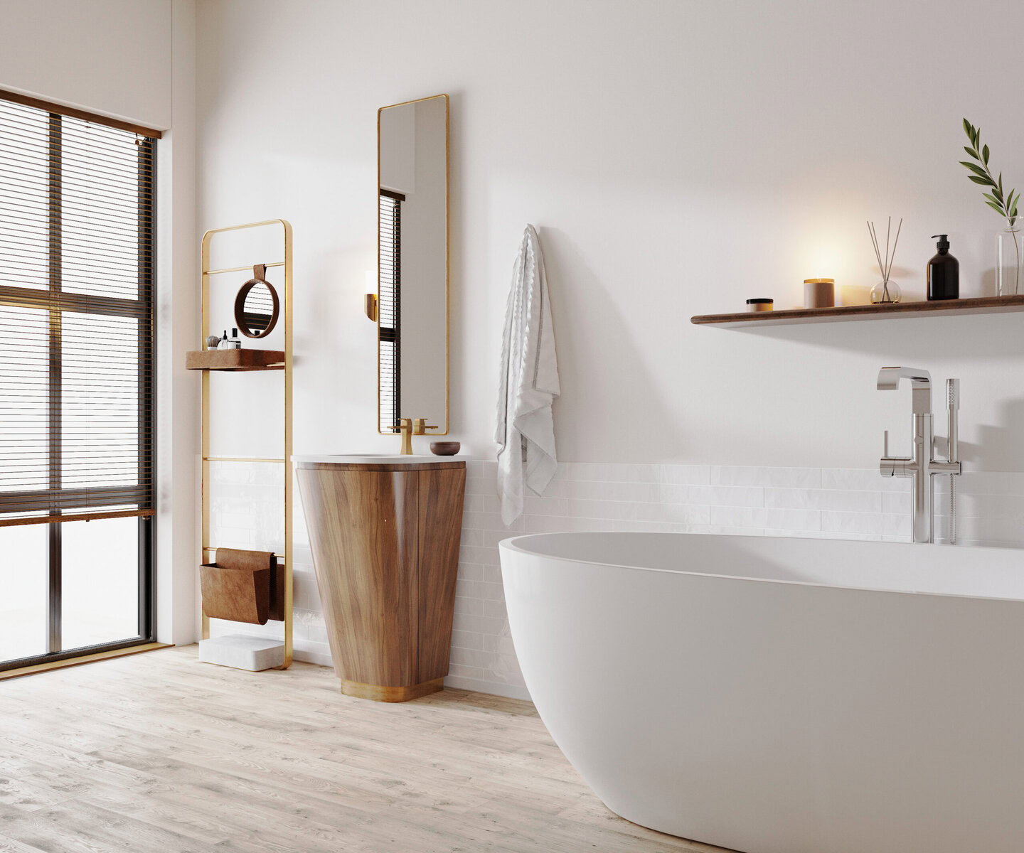 Modern bathroom with a white bathtub, wooden vanity, and gold accents.
