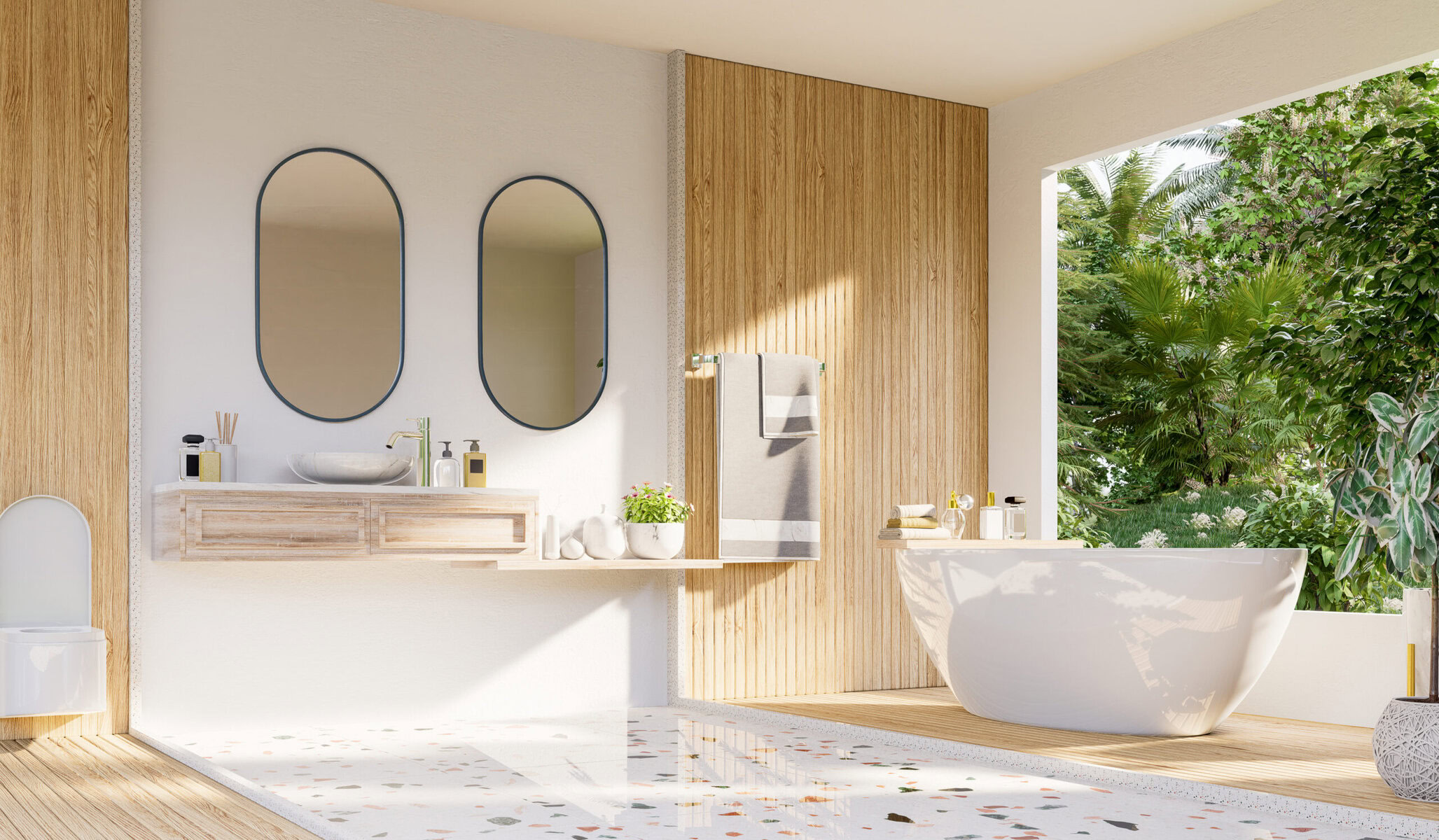 Modern bathroom with white bathtub, wooden walls, and large window to lush greenery.