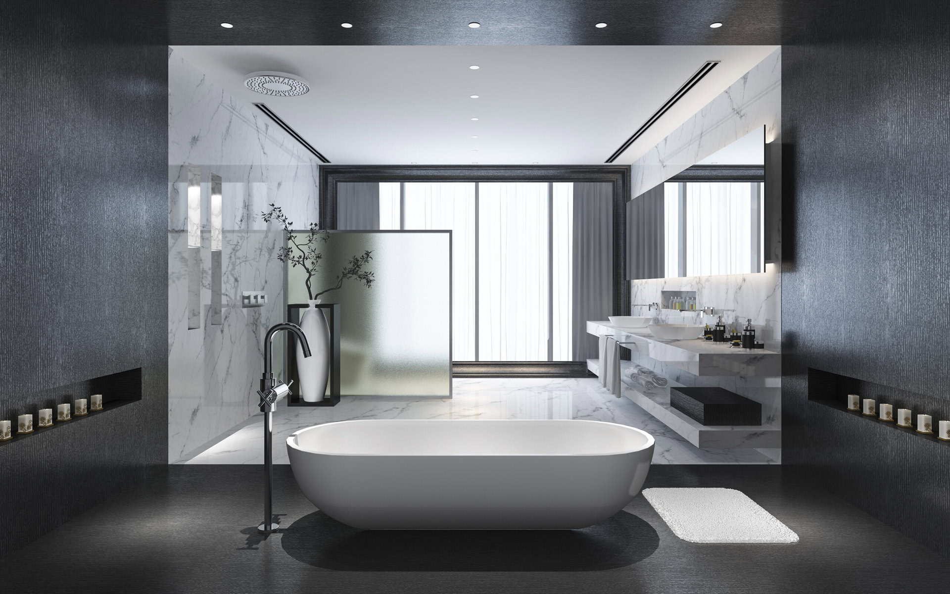 Modern bathroom with freestanding tub, marble walls, and dark wood accents.