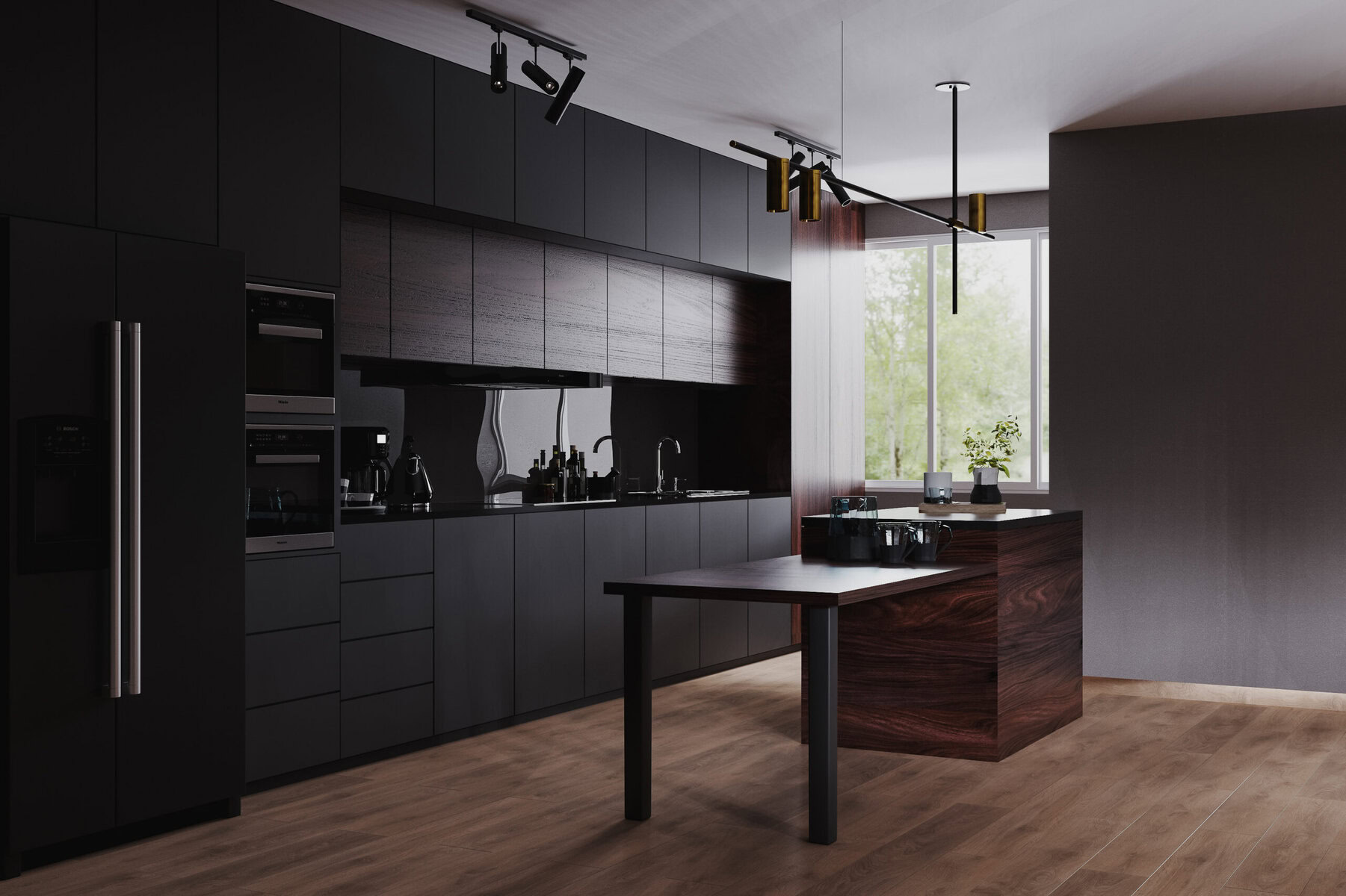 Modern dark kitchen with wood accents and a large window