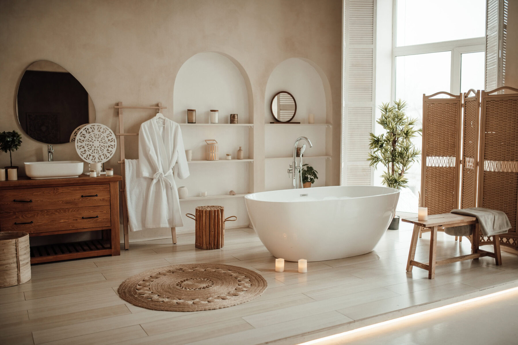 A bright, spacious bathroom with a white bathtub and wooden accents.