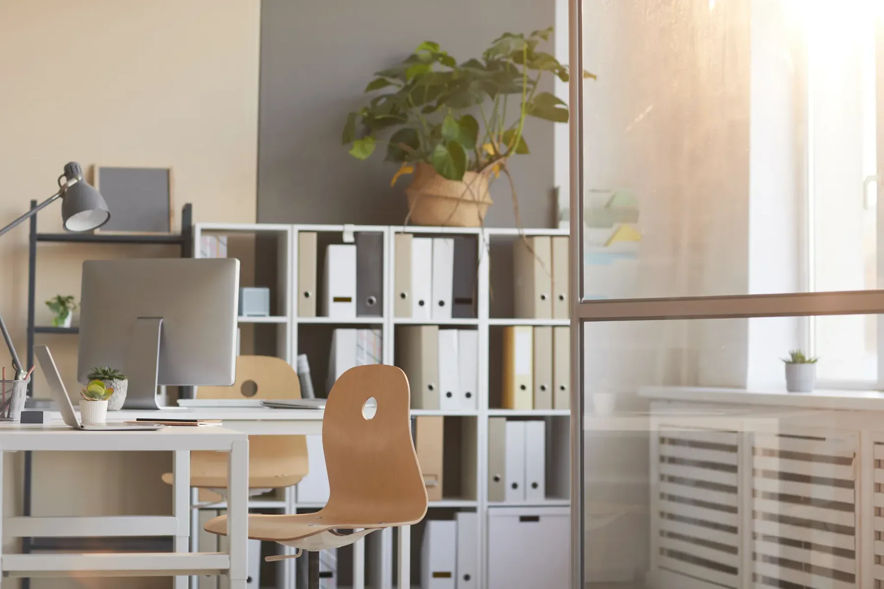Modern office interior with desk, computer, and shelving unit