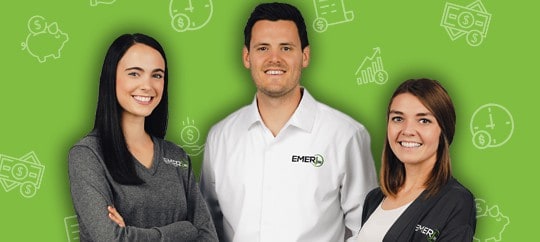 Trust Point team members smiling in front of green background with financial icons.