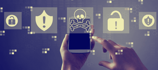 Smartphone with cybersecurity icons including lock, shield, and skull for data security.
