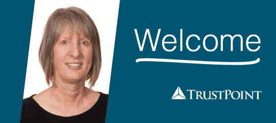 Trust Point logo with a welcoming message and a professional woman.
