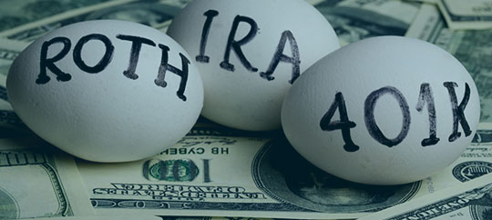 IRA, Roth IRA, and 401K eggs on dollar bills for retirement savings.
