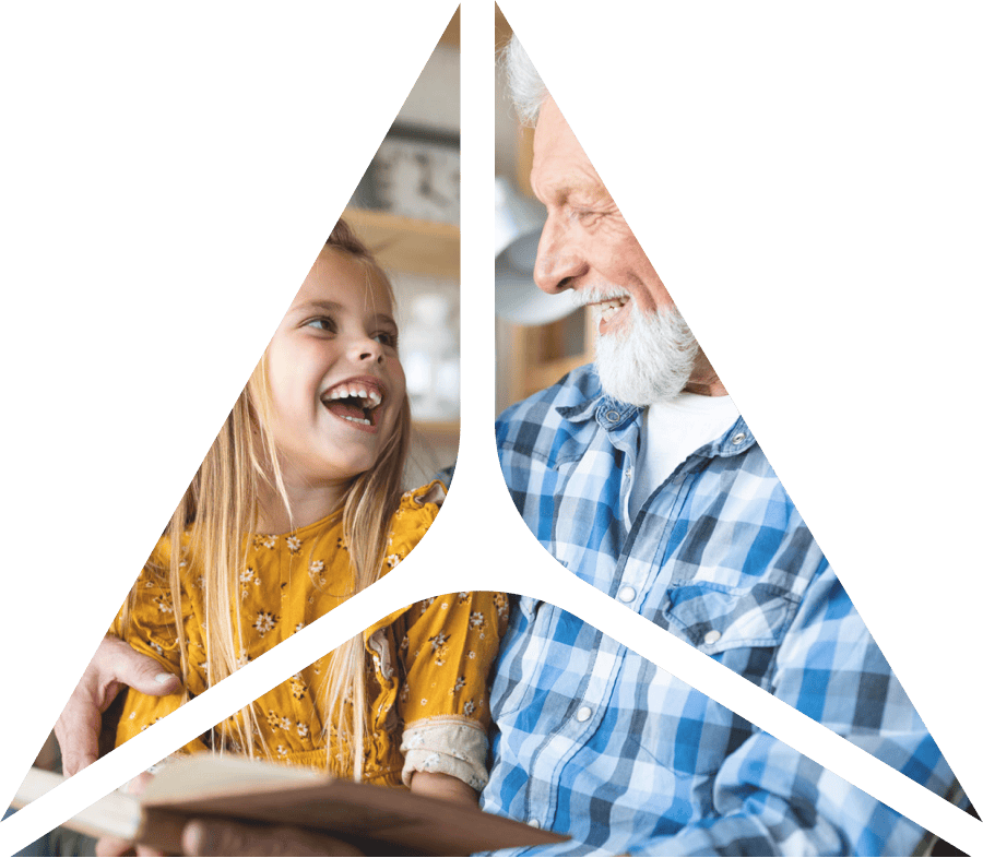 triangle shape over image of man and child laughing and reading