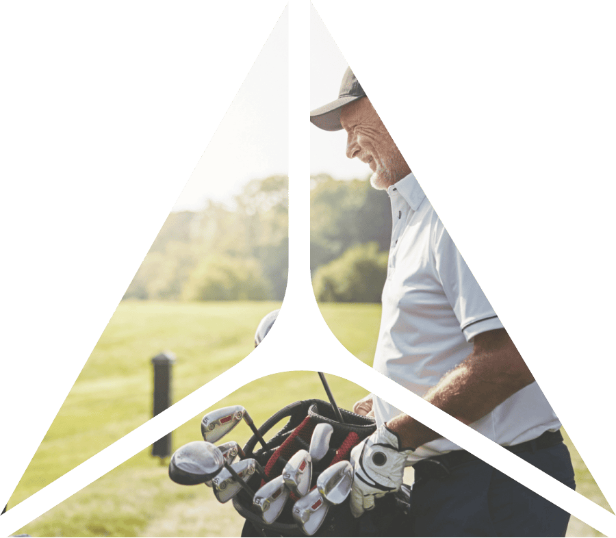 triangle shape over image of man with golf bag
