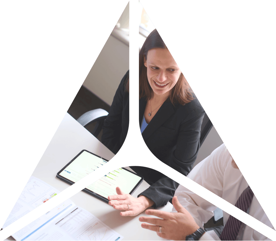 triangle shape over image of 2 business people talking