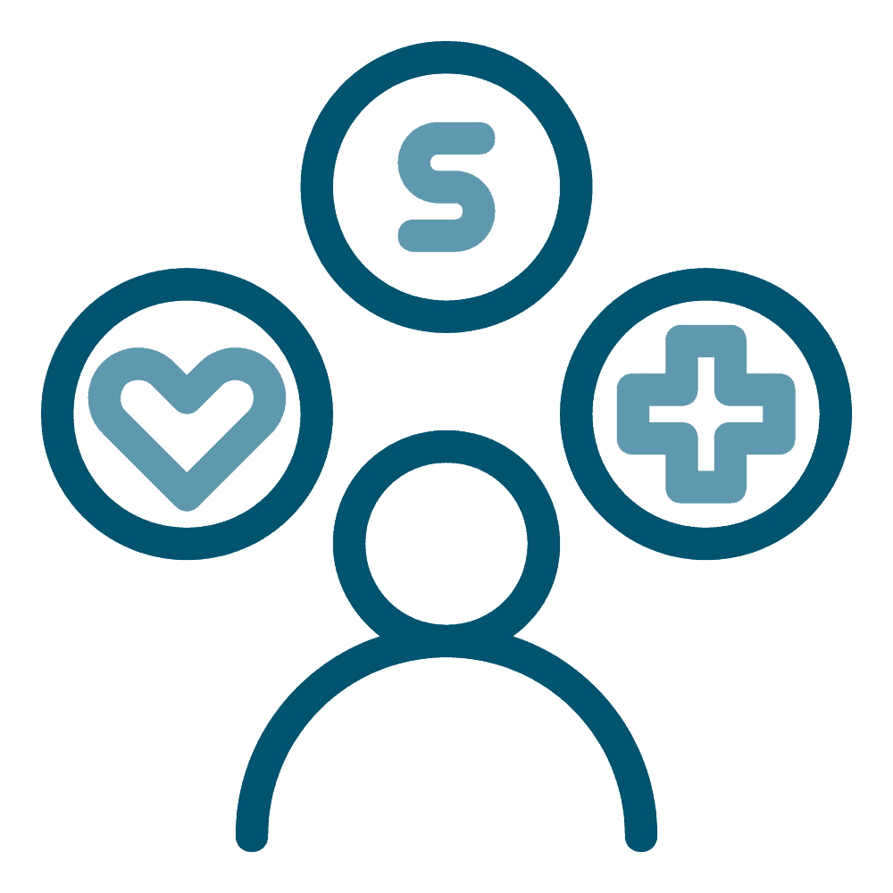 person figure with heart, plus, and money symbols above, icon in blue