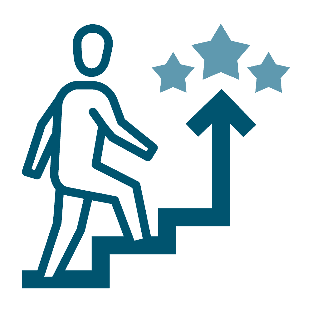 person walking up stairs to stars icon in blue