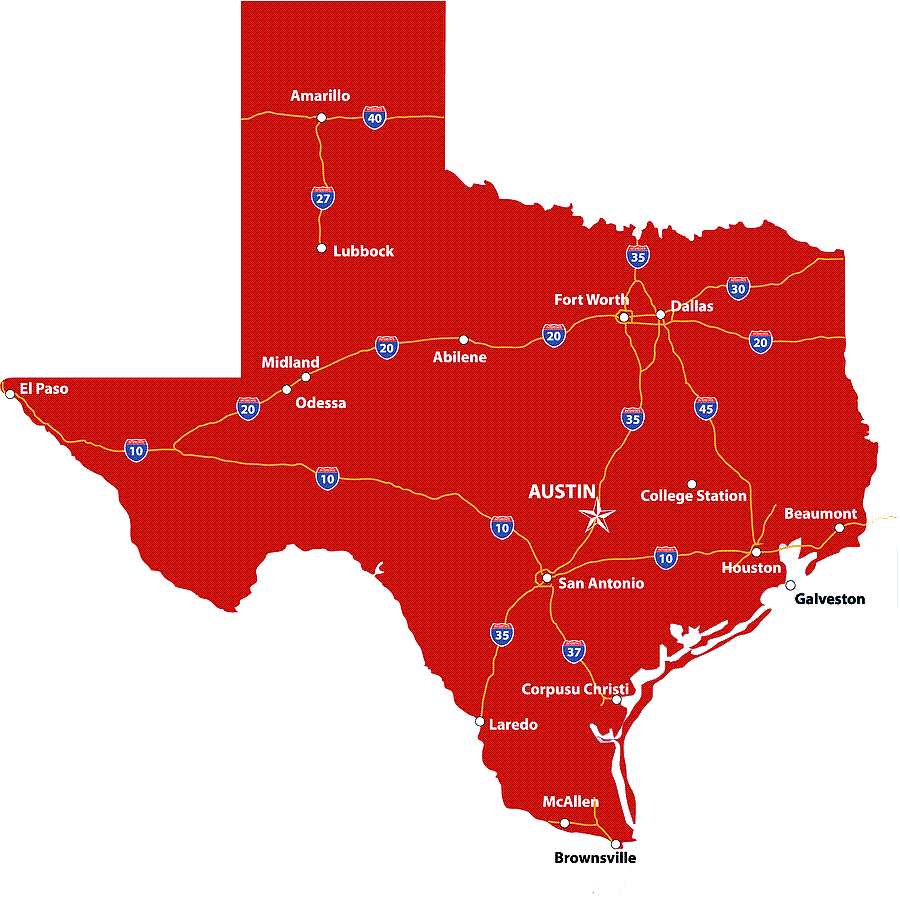 Hình ảnh bang Texas với các tuyến đường cao tốc liên bang được hiển thị