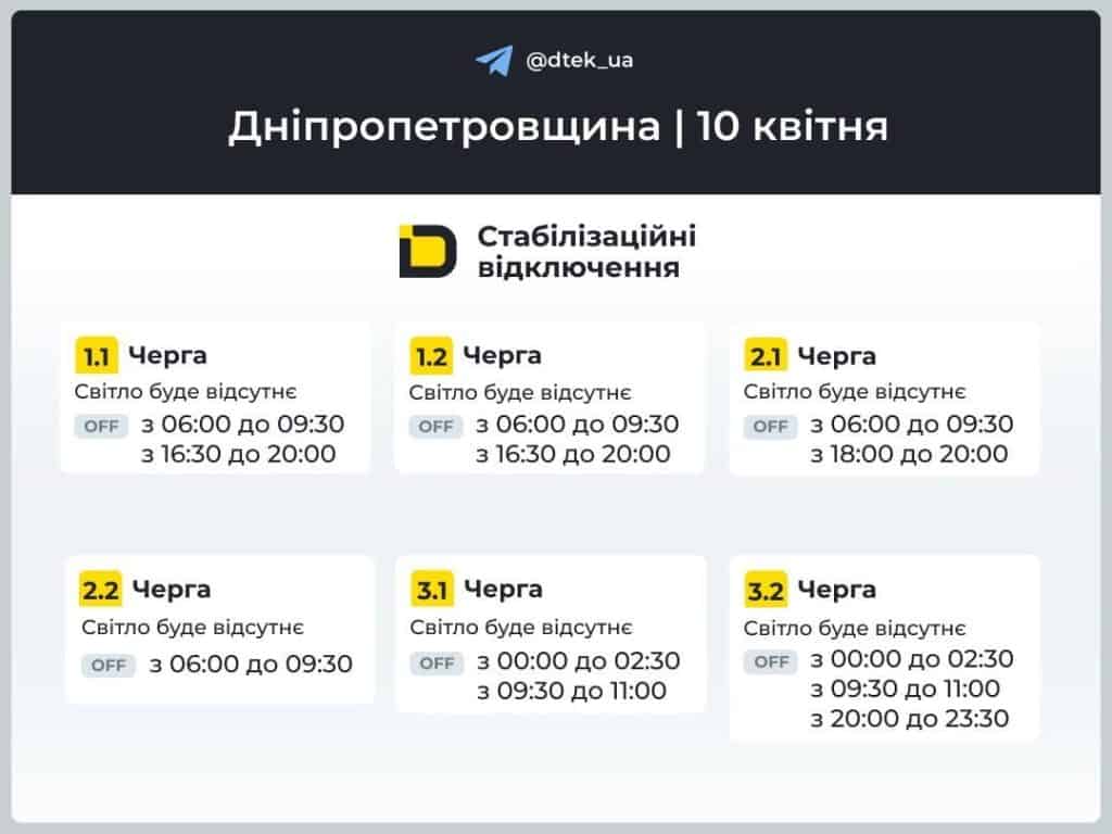 графік відключення світла дніпро у квітні для груп 1, 2, 3, 4, 5, 6