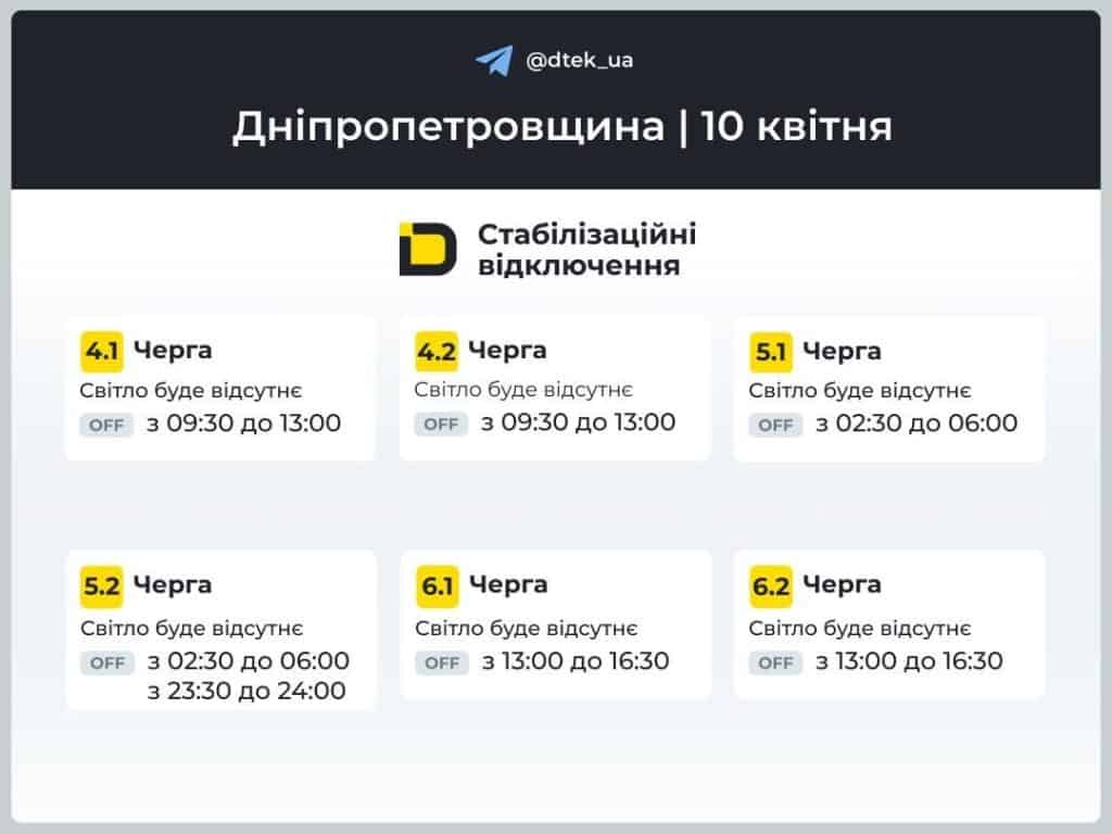 графік відключення світла дніпро у квітні для груп 1, 2, 3, 4, 5, 6