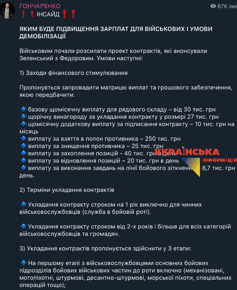 На фото допис опублікований депутатом стосовно нових виплат в армії