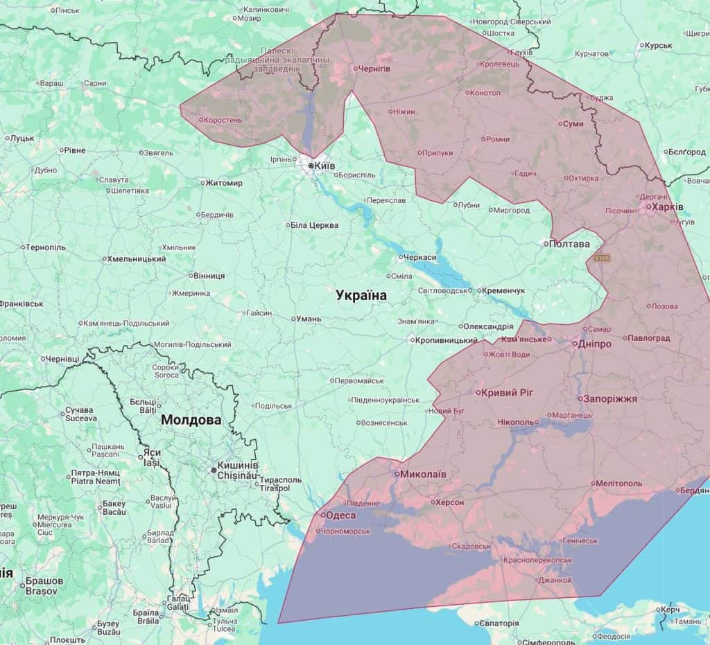 Оприлюднена карта демонструє «червону зону», де технологічні особливості дозволяють цим дронам зберігати зв'язок із центром керування
