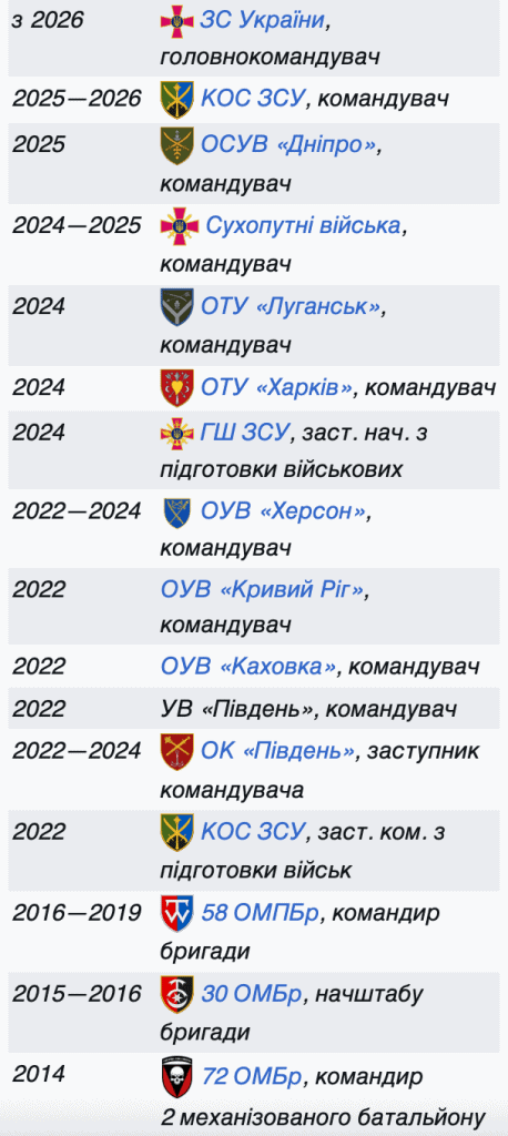 На фото зображено професійний шлях та досвід новопризначеного Главкома М. Драпатого