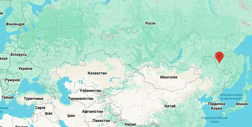 На фото: карта ориентировочного места падения ТУ-95МС 29 сентября 2026 года село Красноярово Амурской области РФ