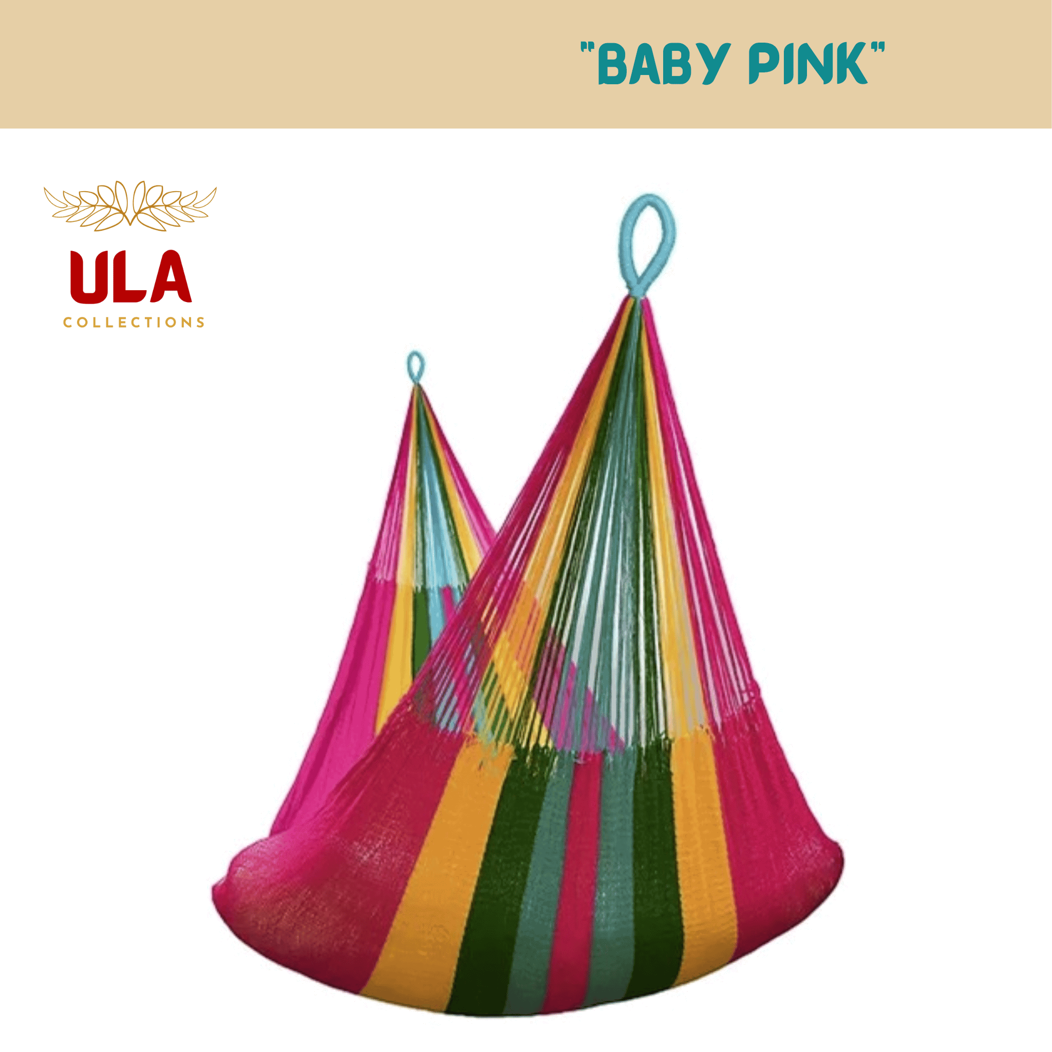 "Baby Pink" hanging chair or swing hammock. Features bold, woven stripes of hot pink/fuchsia, gold/yellow, dark green, and teal/light blue, with a bright blue hanging loop.
