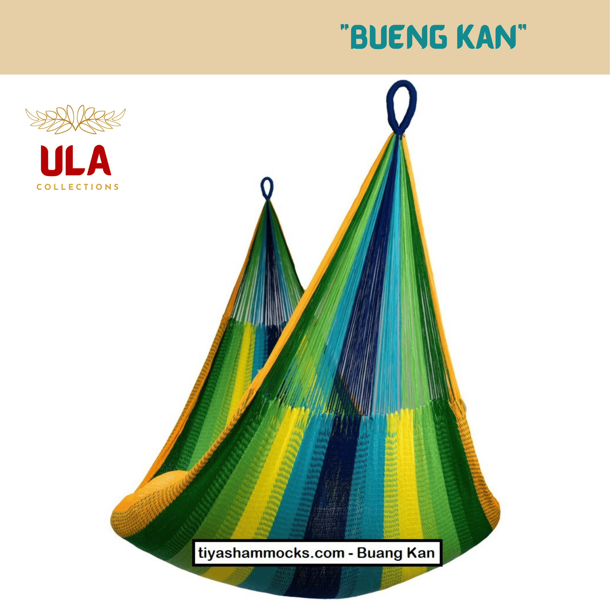 Bueng Kan-inspired hanging chair for indoor or outdoor relaxation. The bright, bold color palette combines sunny yellow, grass green, and ocean blue hues.