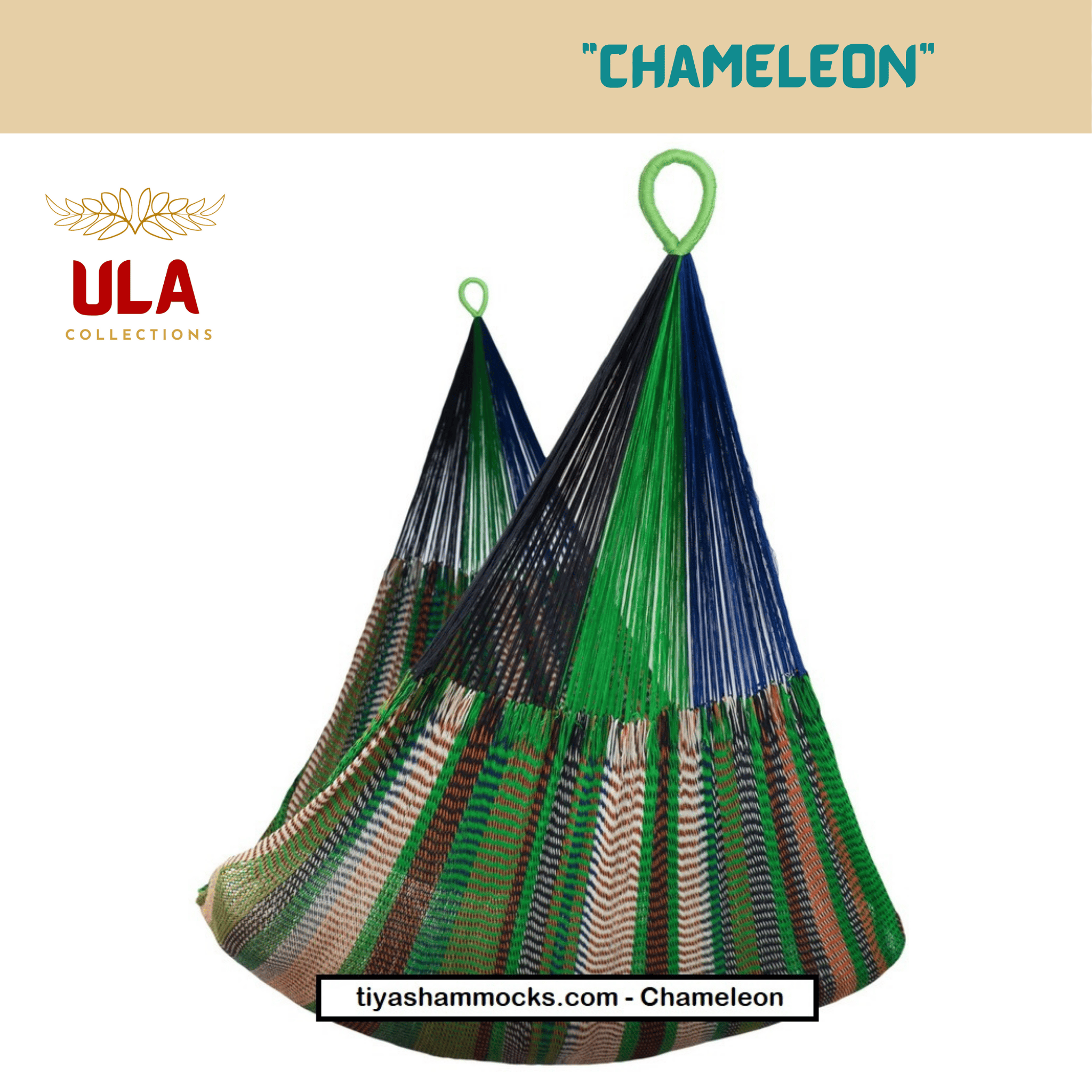 Chameleon-pattern rope hanging chair for indoor or outdoor use. The vibrant green, blue, and earth-tone colors blend well with any setting.