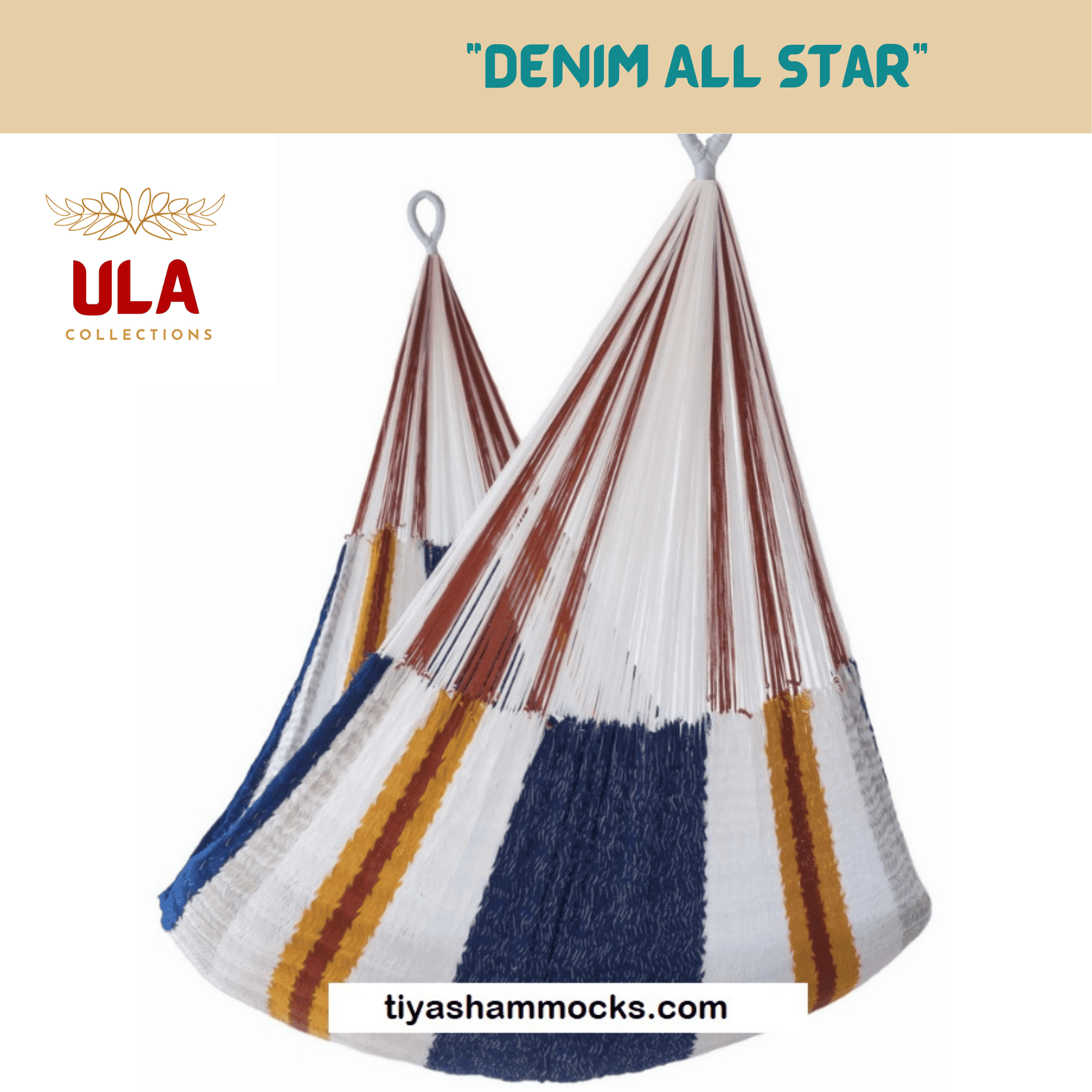 Nautical-themed string hammock in denim blue, white, and rust colors, isolated product shot.