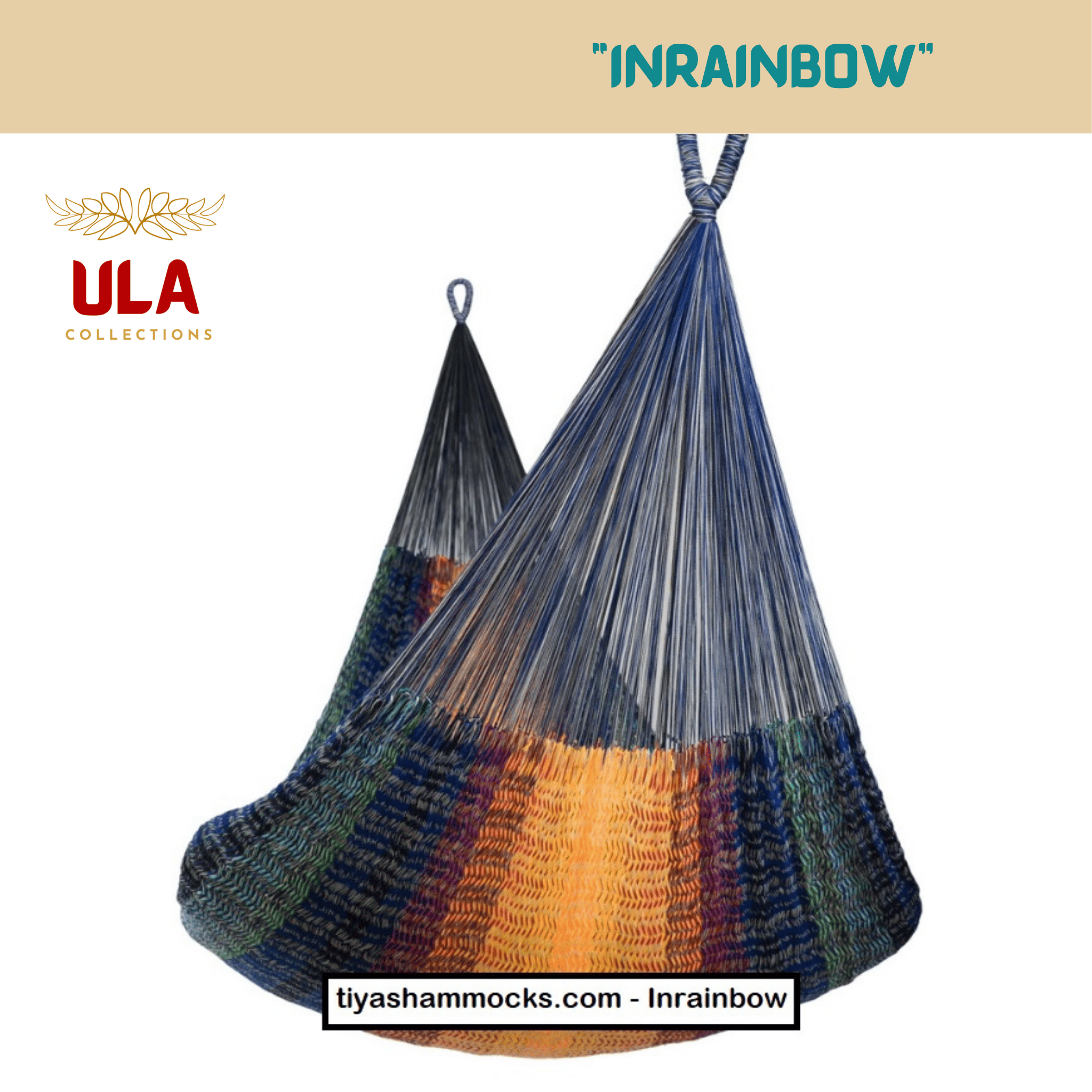 Handwoven dark rainbow striped hammock with navy blue top and sunny yellow isolated product shot for stylish outdoor decor.