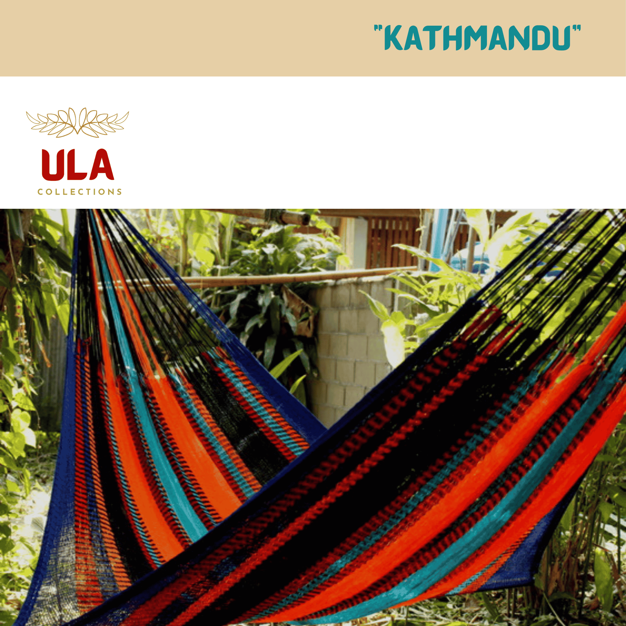 Handwoven black, teal, and orange striped hammock outdoors in a sunny backyard setting.