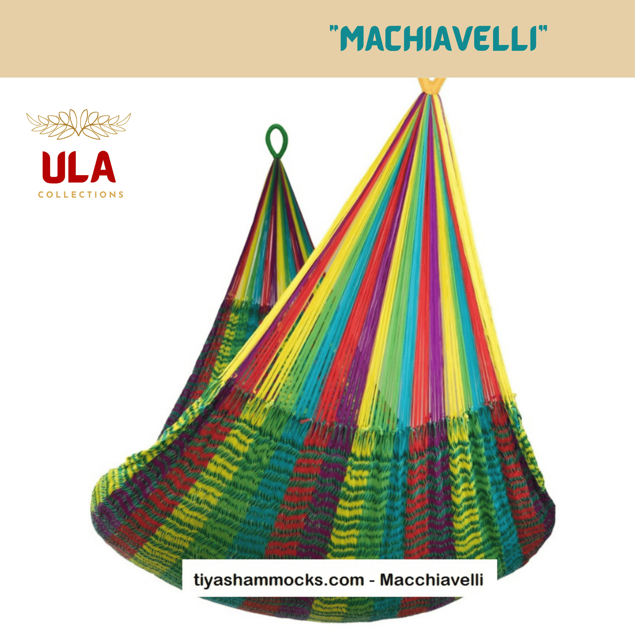 ULA "Machiavelli" hanging hammock chair with vibrant rainbow colors, including yellow, green, blue, and red vertical strands over a complex, multicolored woven base.