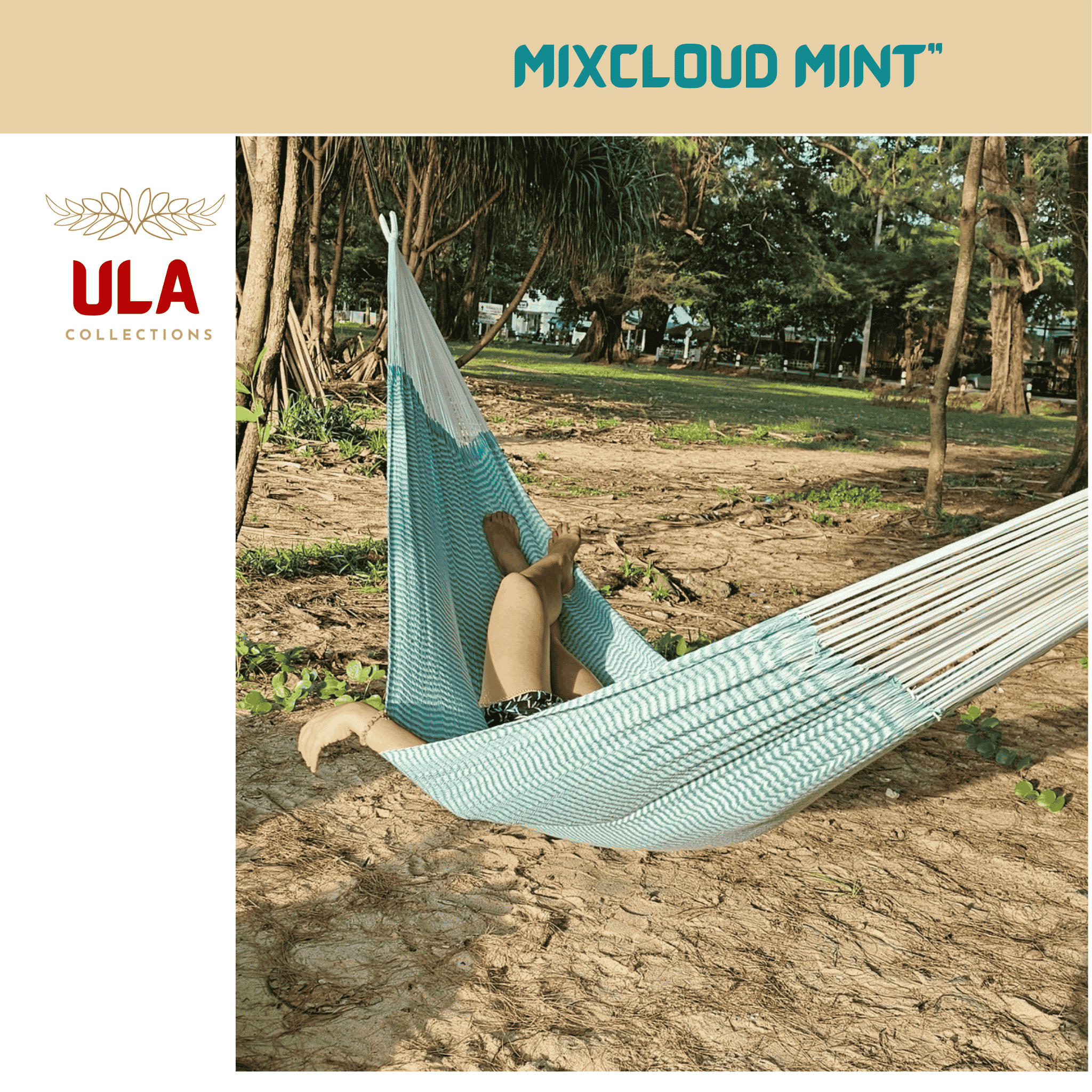ULA "Mixcloud Mint" hammock in a mint green and white chevron pattern, with white ropes, relaxing on a sandy, treed beach or tropical park area.