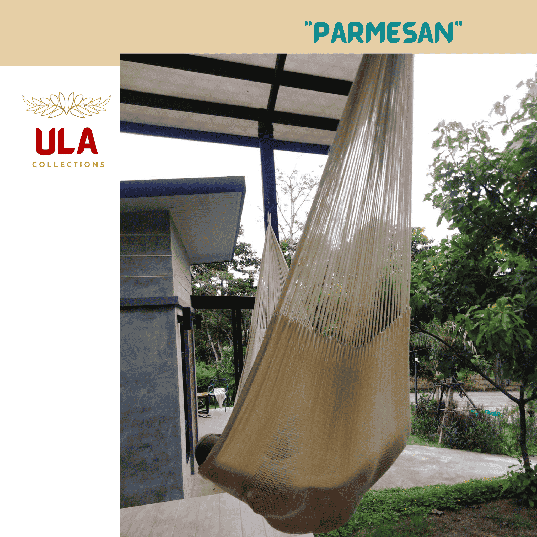 A creamy beige or off-white woven hammock labeled "PARMESAN" hangs on a covered porch area with a view of green trees. This neutral-colored hammock offers an option for outdoor relaxation in a home or resort setting.