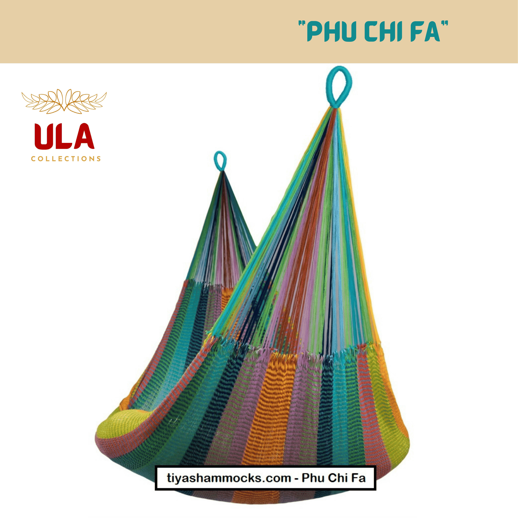 Woven net hammock chair, "Phu Chi Fa" pattern, showcasing a diverse mix of earthy and pastel stripes, including teal, purple, green, orange, and brown.