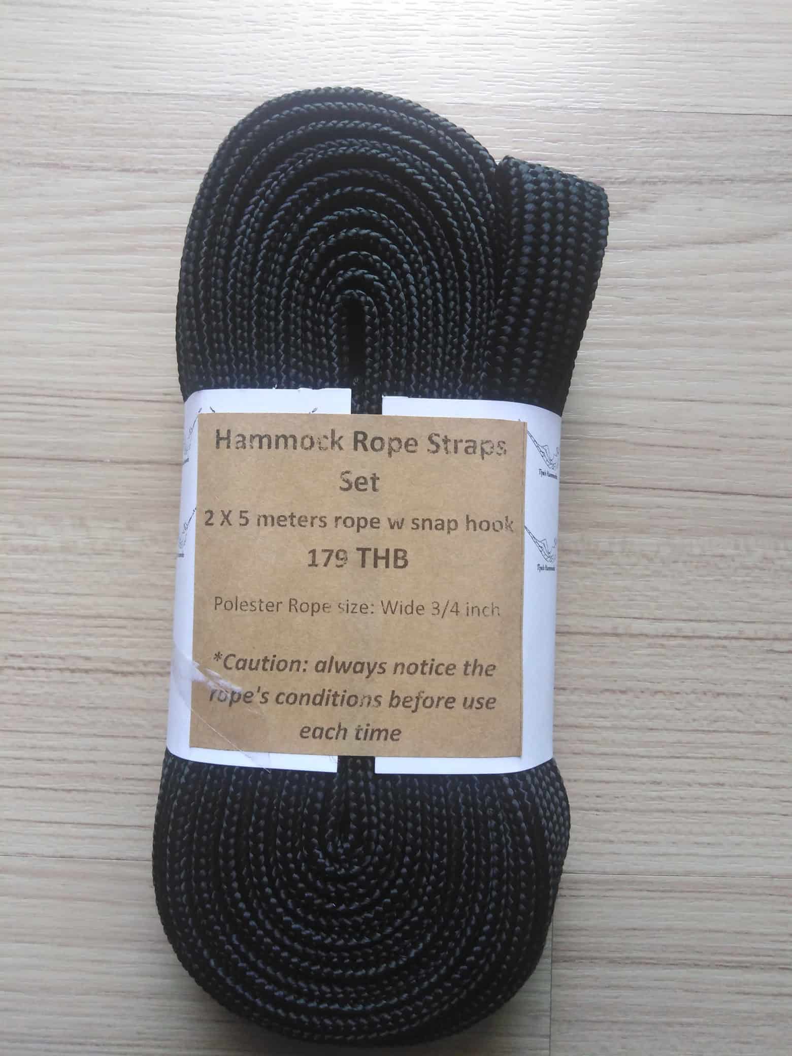 Black Hammock Rope Straps Set, 2 x 5 meters rope with snap hook, 1/4 inch wide fabric strap