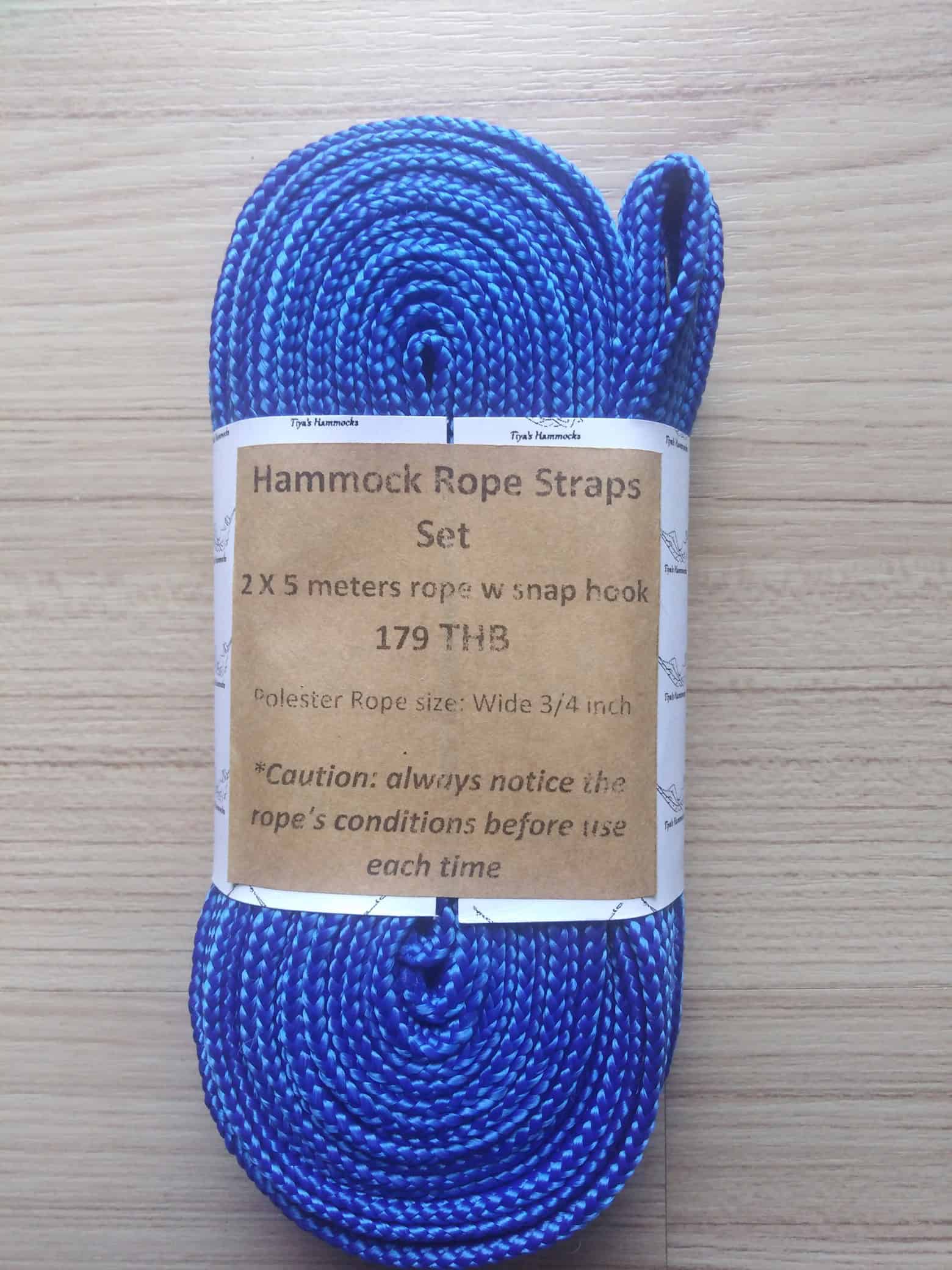 Blue Hammock Rope Straps Set, 2 x 5 meters rope with snap hook, 1/4 inch wide fabric strap