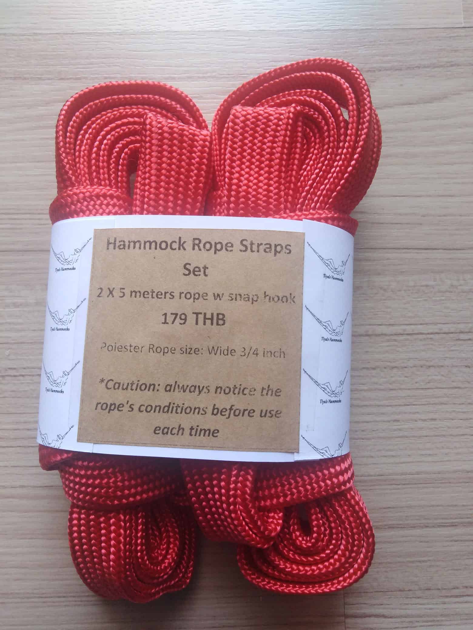 Red Polyester Hammock Rope Straps Set, 2 x 5 meters length, 1/4 inch wide fabric webbing, 179 THB