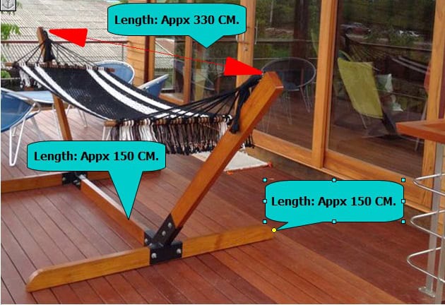 Wooden Arc Hammock Stand with dimensions: Approx 330 cm long, 150 cm wide base, holding a black and white striped hammock on a deck