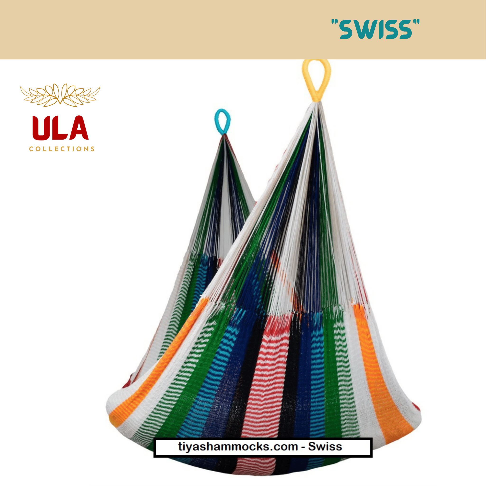 Brightly striped woven net hammock chair, "Swiss" pattern, with a mix of vivid colors including red, white, orange, blue, and various shades of green, suggesting a cheerful, colorful environment.
