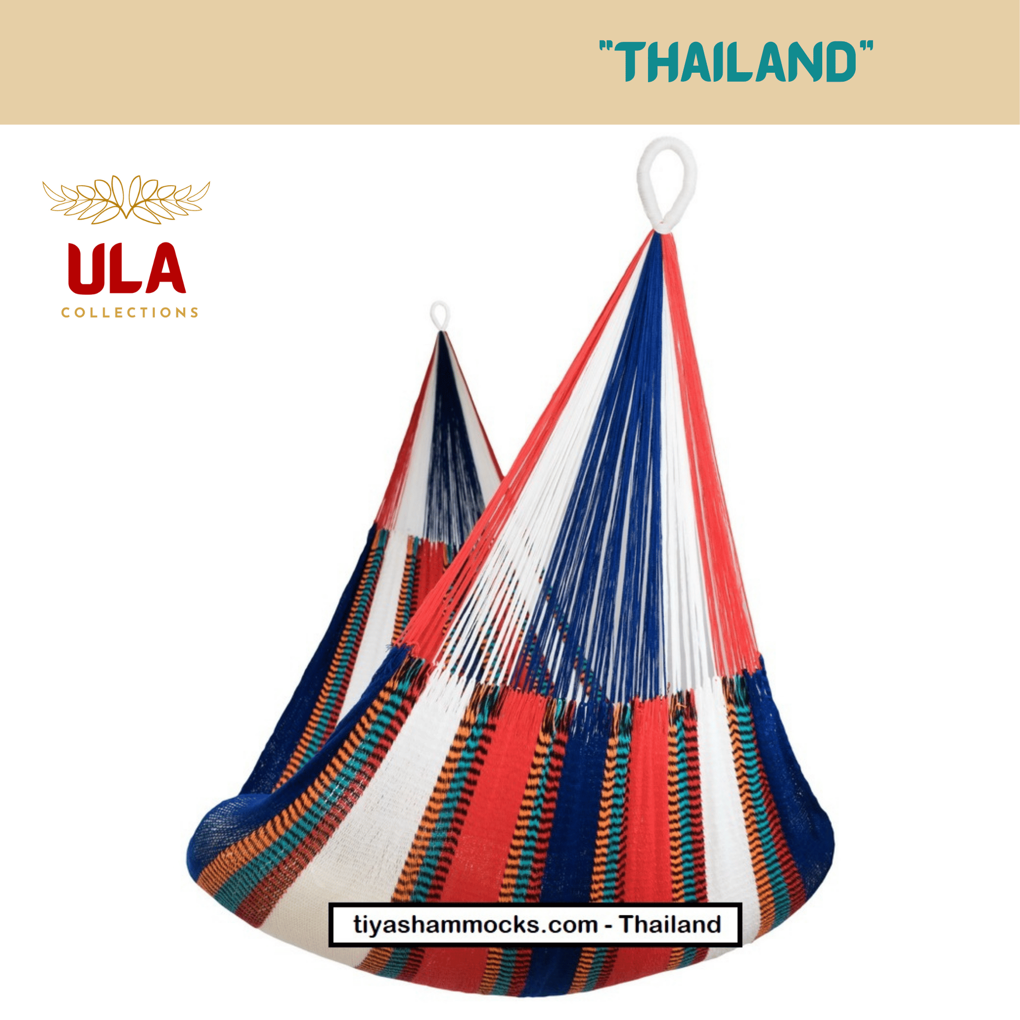 ULA Collections Thailand-style hammock in red, white, and blue stripe pattern, showing two gathered-end style cotton hammocks for product listing.