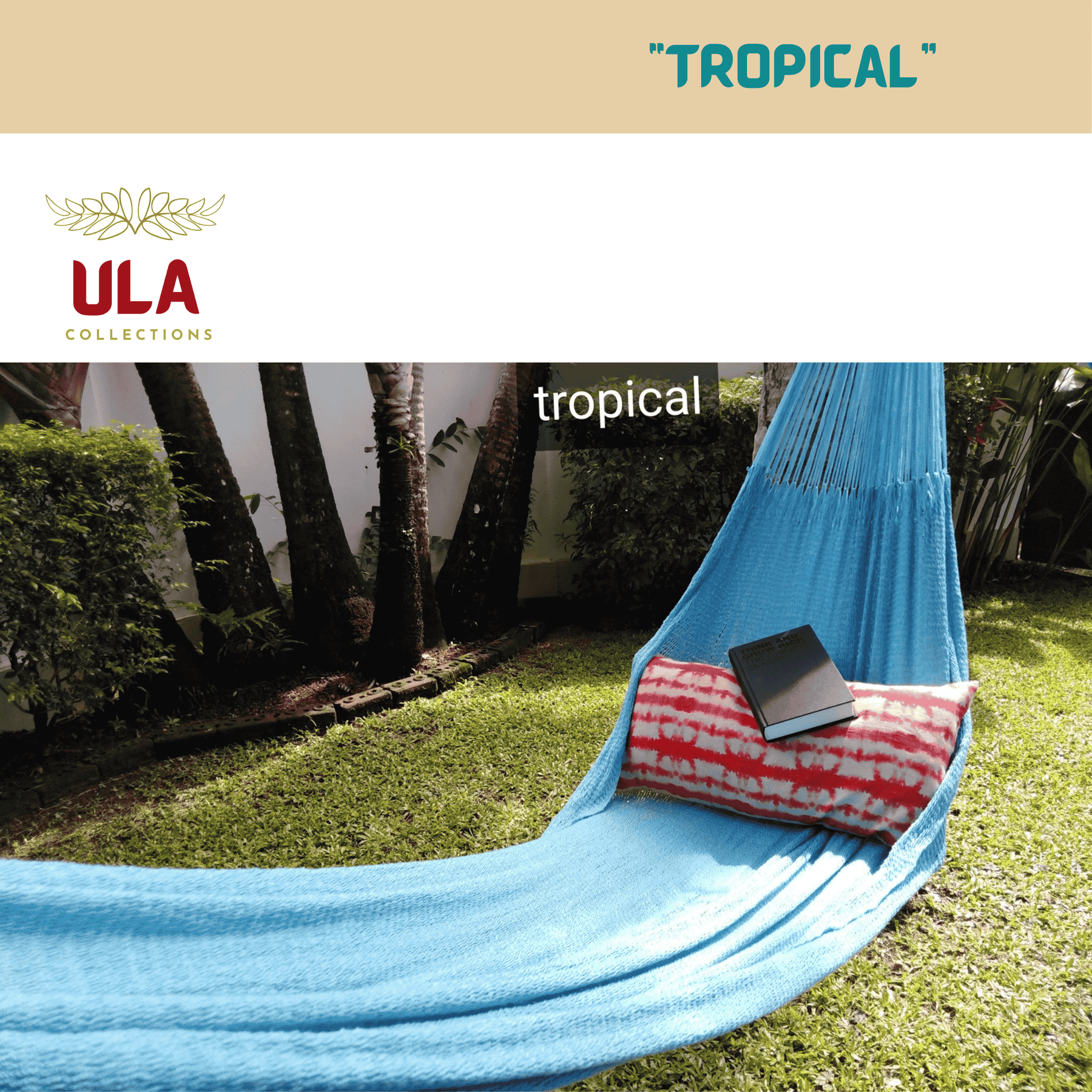 A wide shot of a bright blue woven hammock hanging low over a green lawn in a lush tropical garden. A red and white striped cushion and a black book rest in the hammock, promoting a sense of outdoor relaxation and vacation leisure. The image includes the brand's logo.