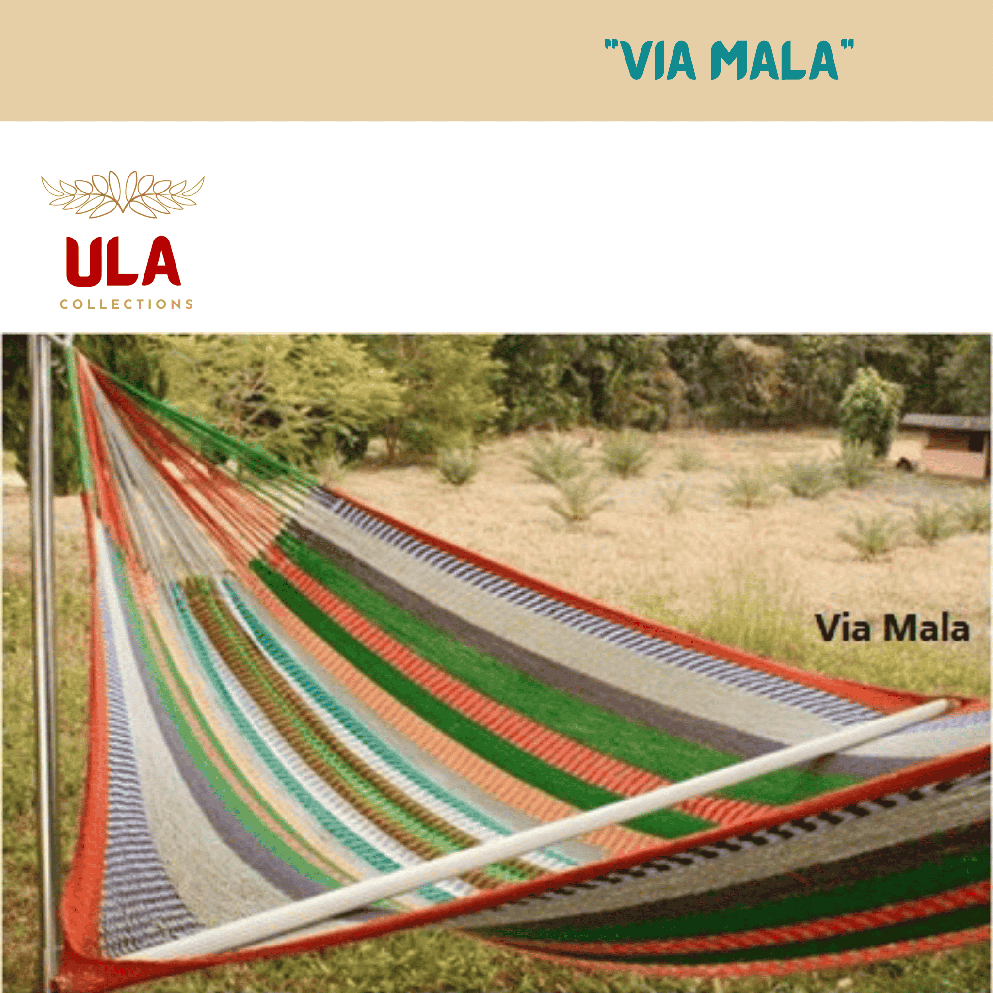 Wide striped colorful net hammock, "Via Mala" pattern, hung outdoors with a view of green plants and a sunny landscape. Colors include red, orange, green, grey, and white.