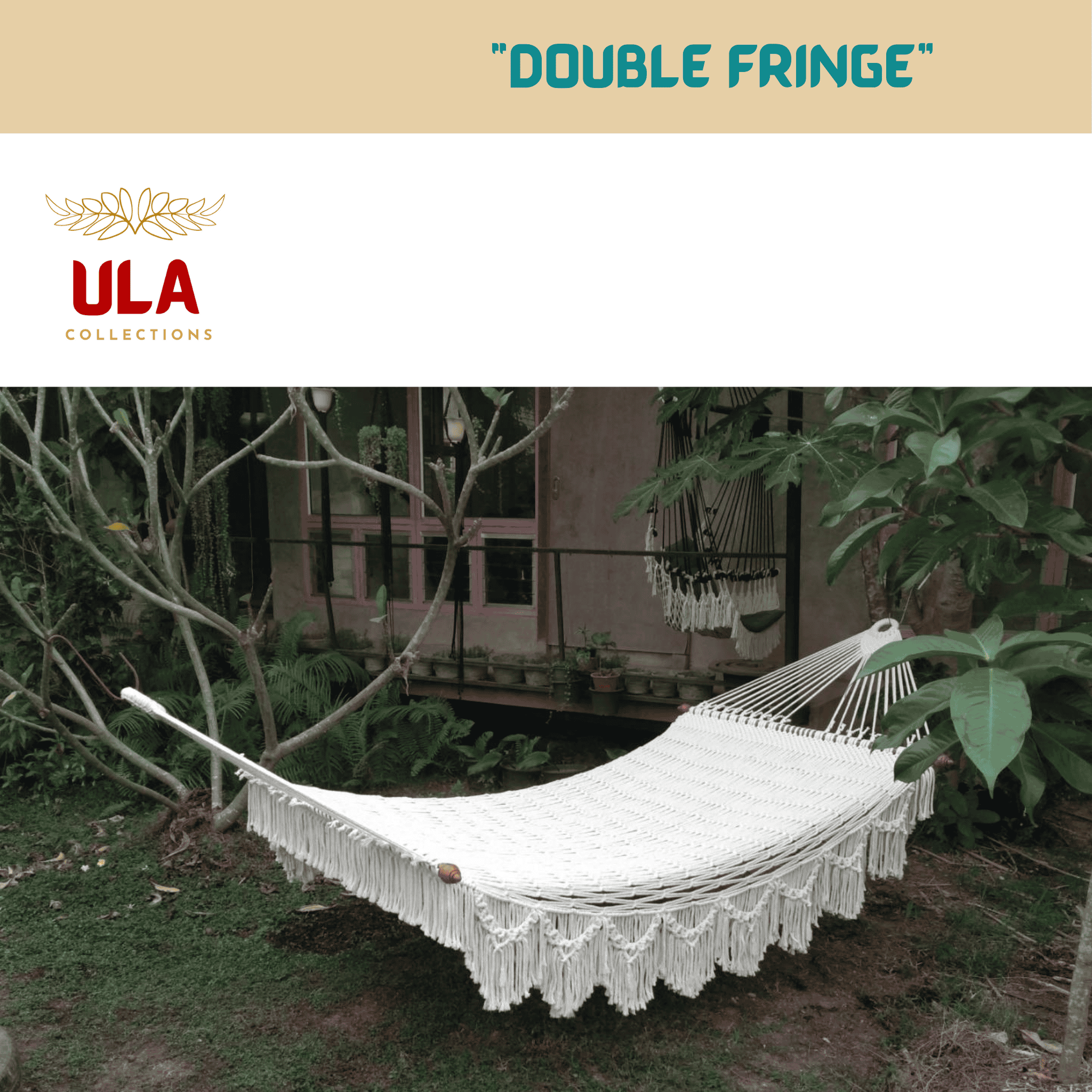 Outdoor double fringe white cotton hammock for two people, backyard relaxation.
