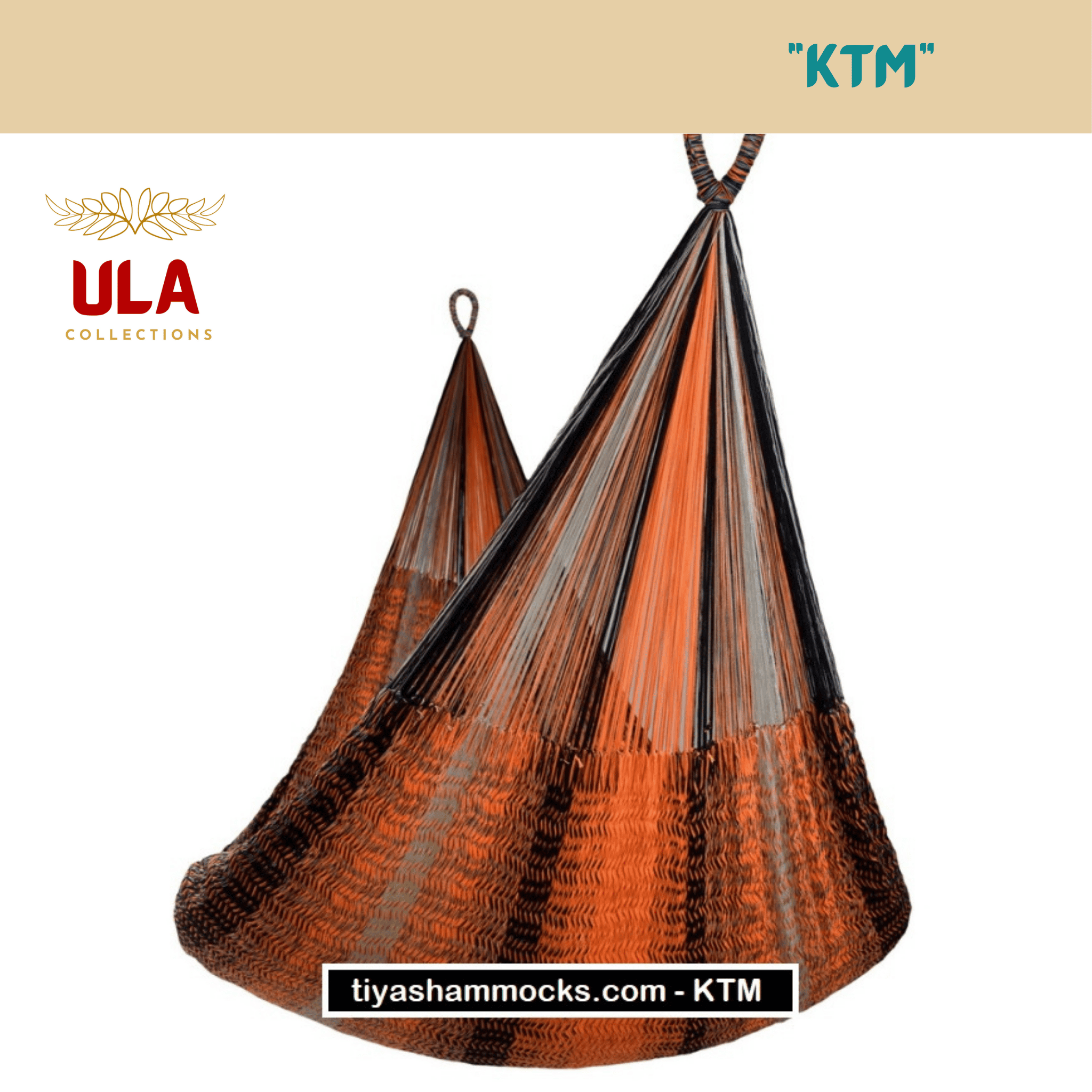 ULA "KTM" hanging hammock chair in a modern, earthy blend of orange, black, and gray woven threads, creating a striking two-tone pattern ideal for contemporary decor.