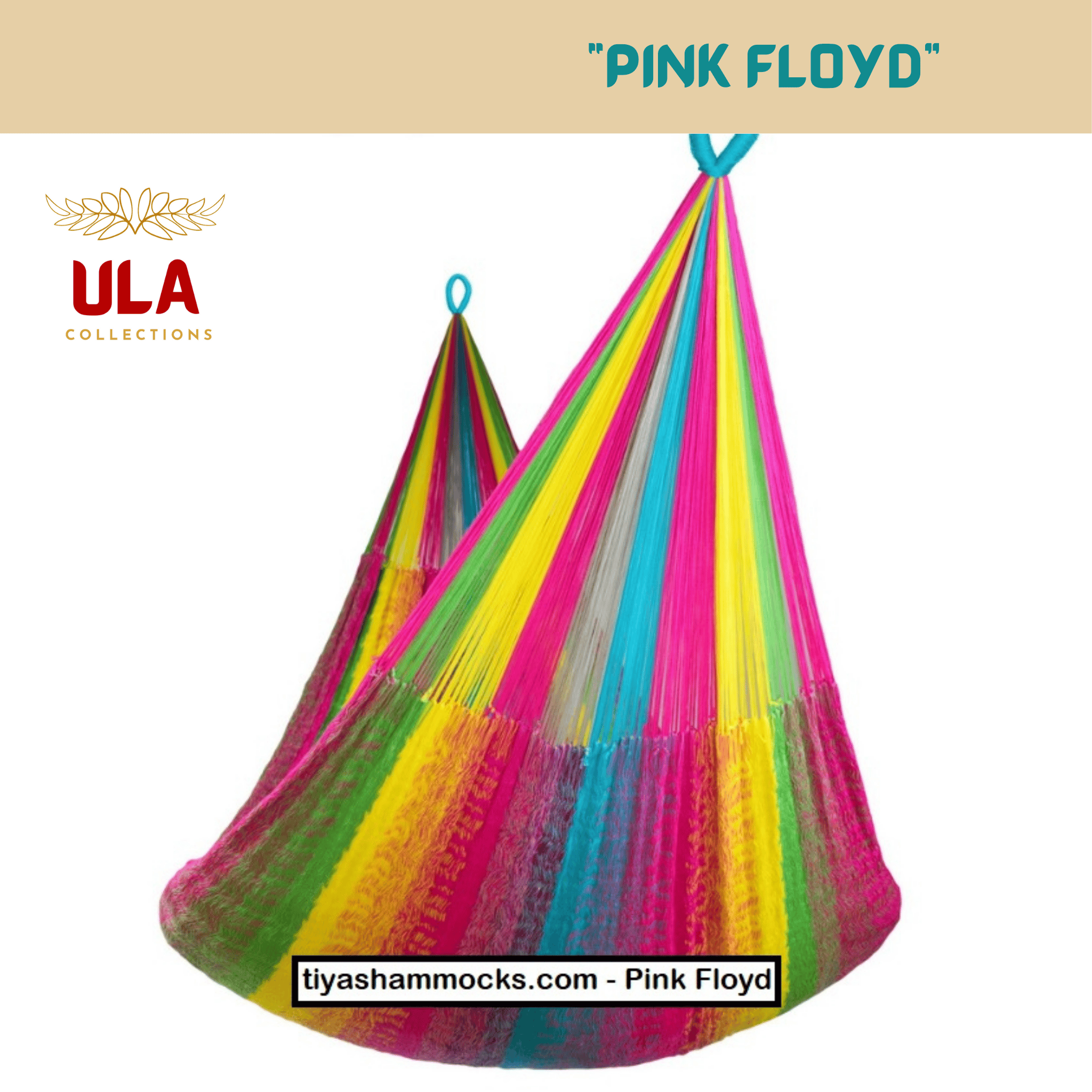 ULA "Pink Floyd" hanging hammock chair featuring an extremely vibrant rainbow of colors, dominated by hot pink, bright yellow, and lime green threads.