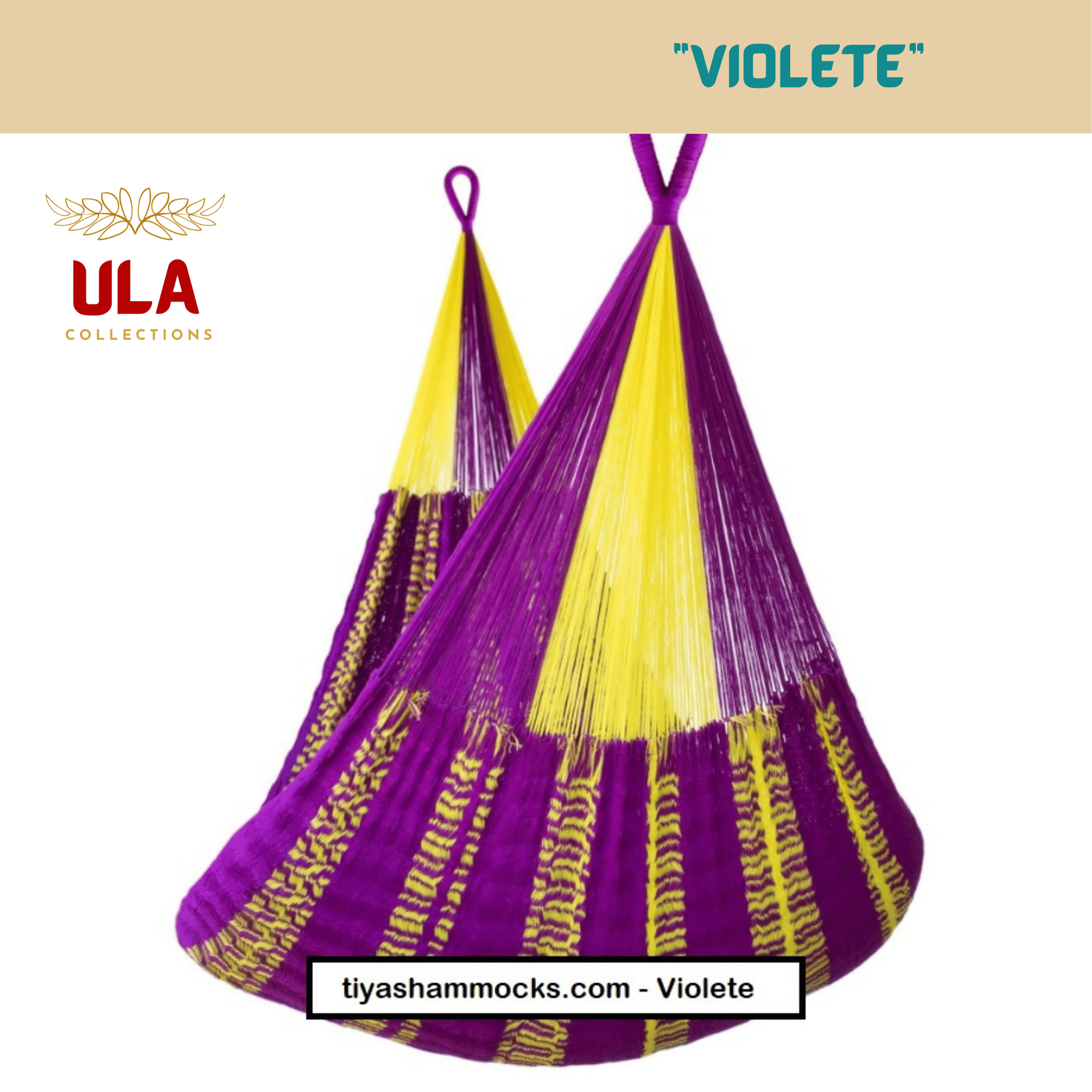 ULA "Violete" hanging hammock chair featuring a striking two-tone design of bright purple and sunny yellow woven threads, perfect for a unique indoor or outdoor space.
