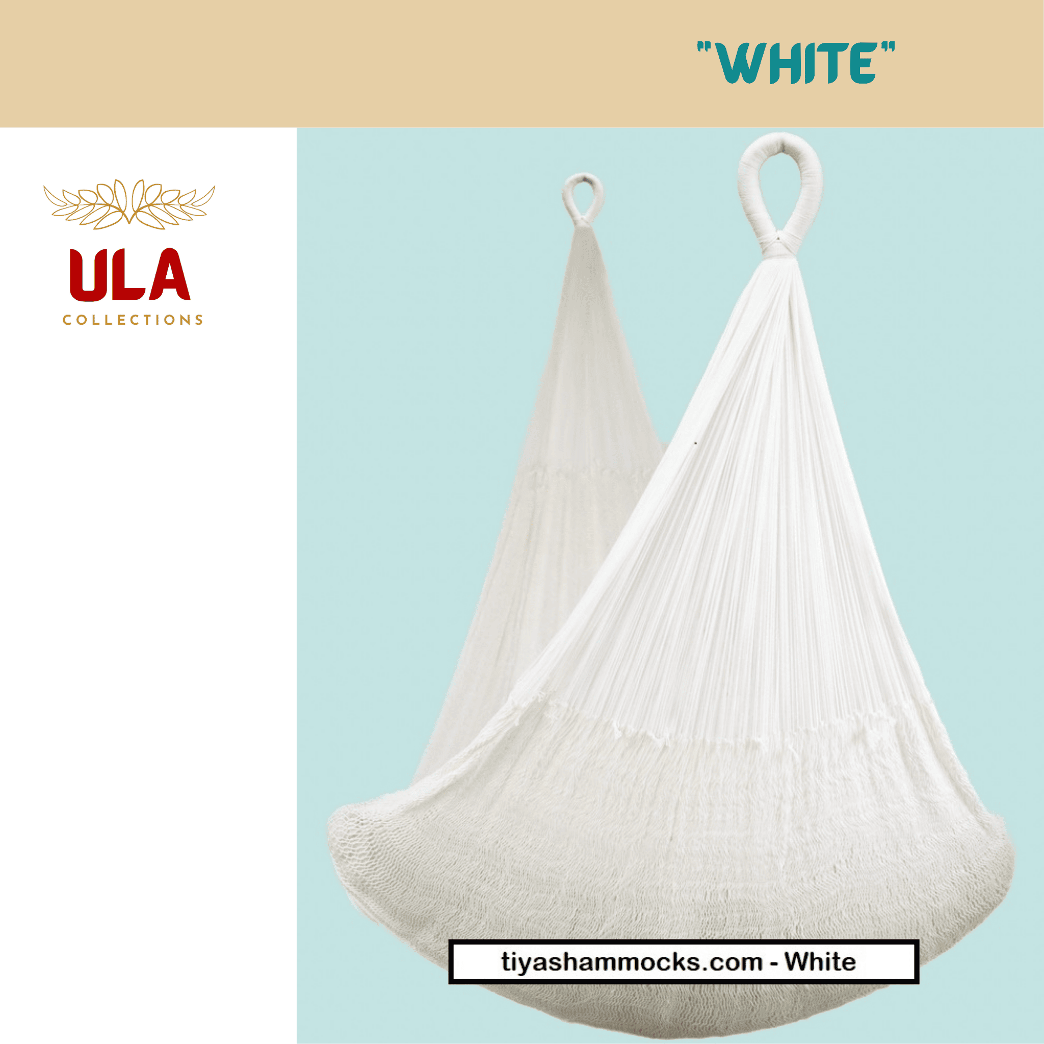 ULA "White" hanging hammock chair in a pure solid white, showcasing the fine, hand-woven texture against a blue background.