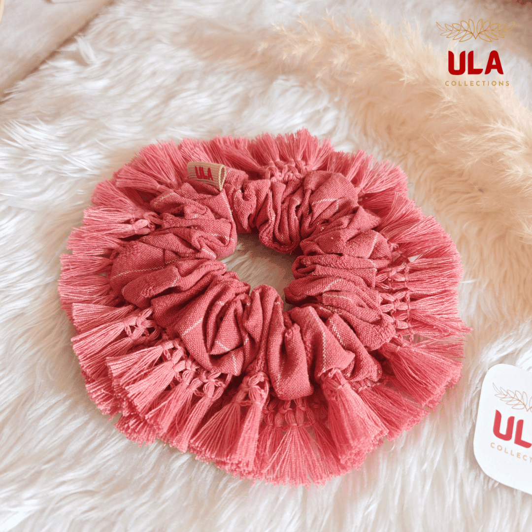 Cotton linen with dusty pink fringe scrunchie