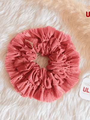 Cotton linen with dusty pink fringe scrunchie